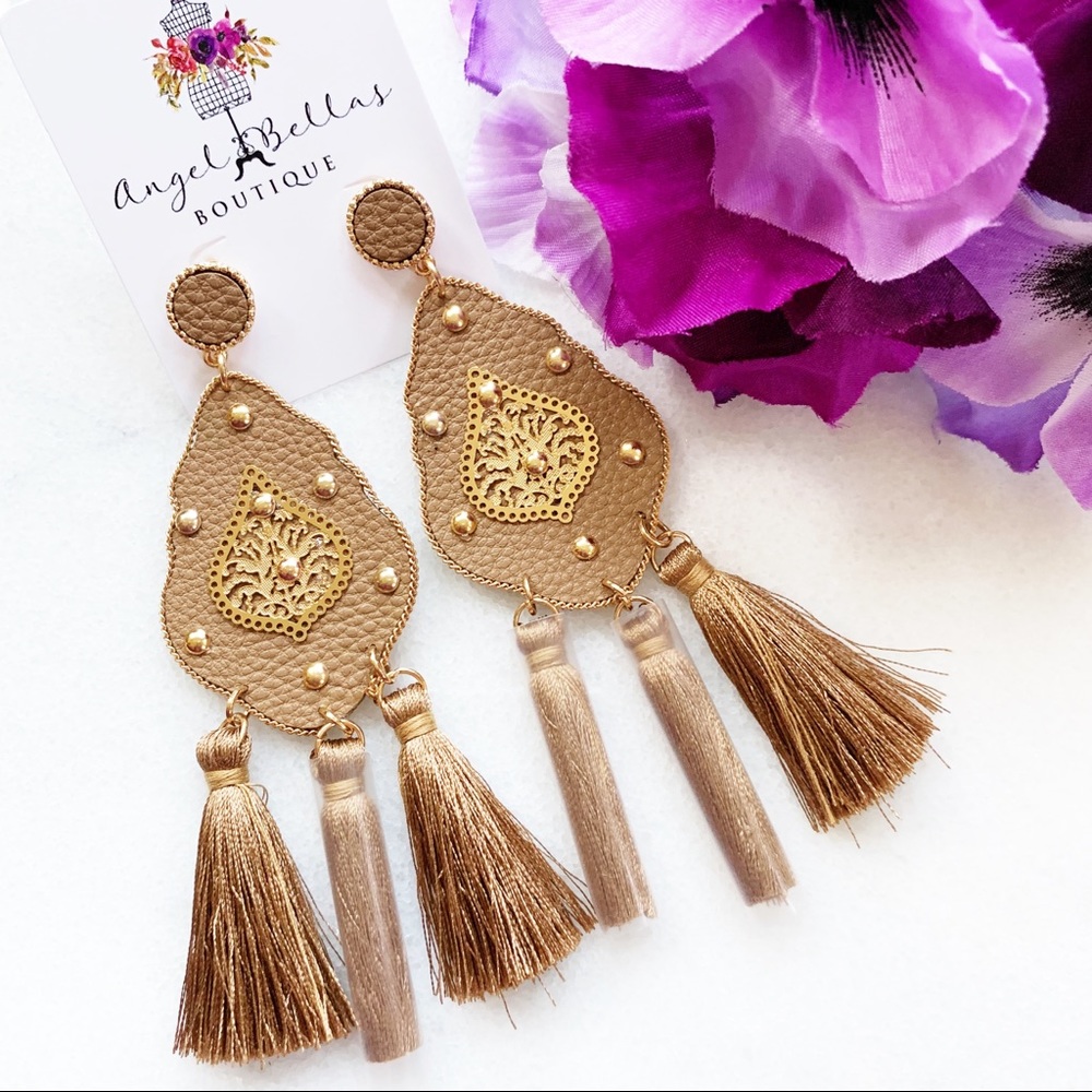 Studded Brown Leather Triple Tassel Earrings - Picture 7 of 7